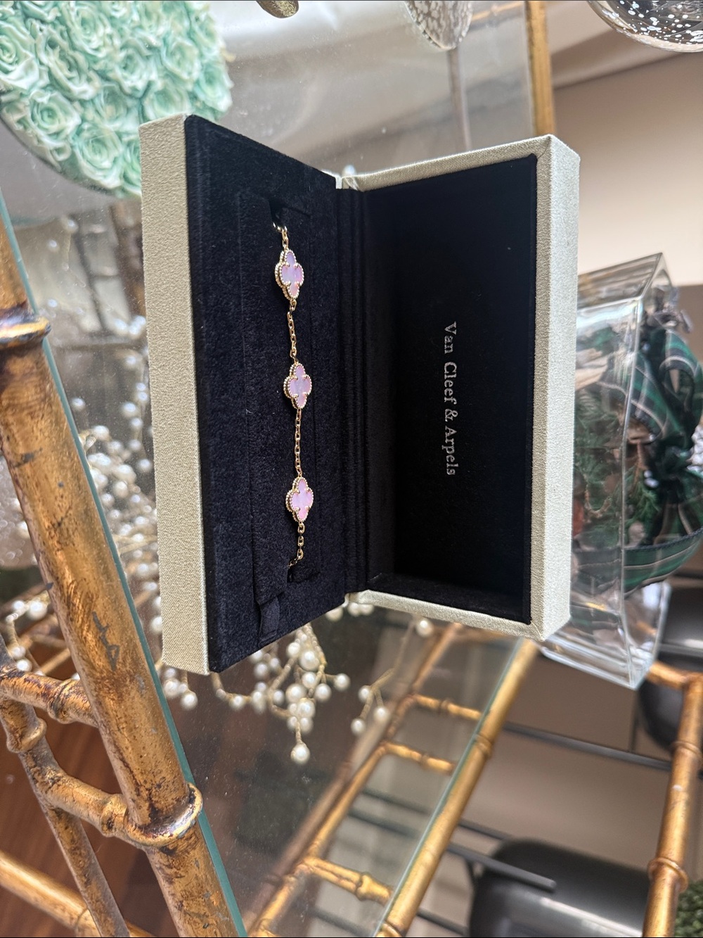 Van Cleef & Arpels Gold Bracelet with Pink Alhambra Motifs